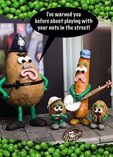 Tarjeta de cumpleaños humorística descarada veg violenta 'jugando con nueces en la calle' Busk - Imagen 1 de 1