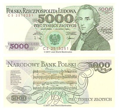 1988 UNC /> Composer Chopin P-150c Poland 5000 Zlotych 5,000