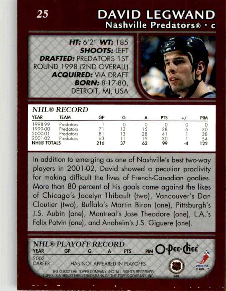 2002-03 O-Pee-Chee David Legwand #25 - Image 2 of 2