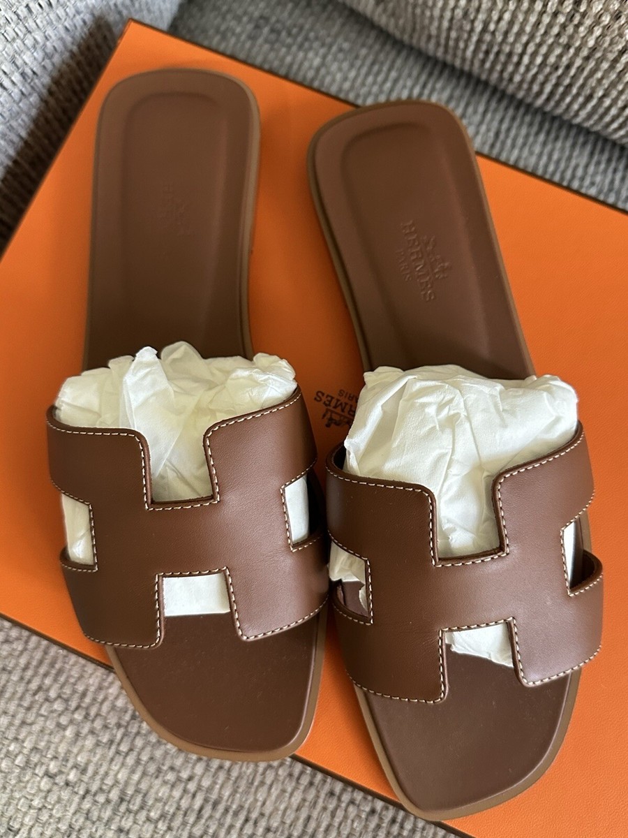 NEW in box HERMÈS Brown Gold Calfskin Oran Sandals** CHOOSE