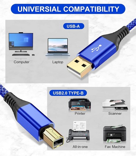 sweguard Printer Cable 10ft 2-Pack, USB Printer Cord USB 2.0 Type A Male to B - Picture 2 of 6