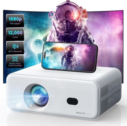 Dragon Touch Mini Projector with 5G WiFi 6 and Bluetooth Electric Focus, White (