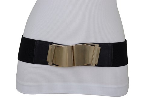 Women Black Faux Leather Stretch Band Elegant Unique Belt Gold Wave Buckle S M - Picture 21 of 24