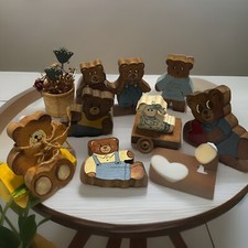 Vintage Lot 9 Hand Carved Wooden Painted Teddy Bears , Handcrafted 1970  s