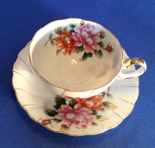Ucagco Footed Teacup And Saucer - Pink Mums And Gold Accents - Vintage - Japan - Picture 3 of 11