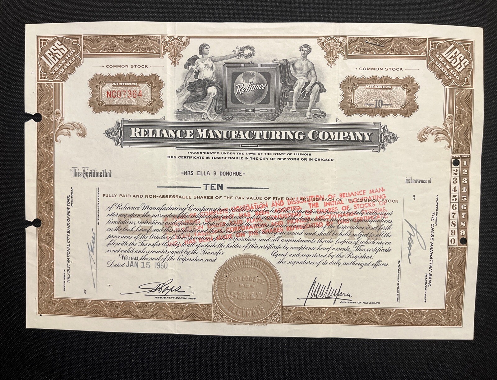 1960 Reliance Mfg. Co. Stock Certificate #NC07364, (Chicago, IL)