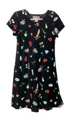Vintage Jessica Howard Black W/ Tea Fruit Flowers Print Flare Out Dress Size 10