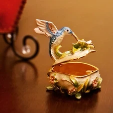 Blue Hummingbird atop Flower Trinket Box Ring Jewelry Storage Keepsake Bejeweled