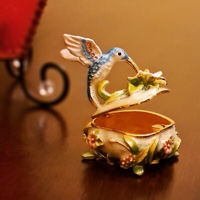 Blue Hummingbird atop Flower Trinket Box Ring Jewelry Storage