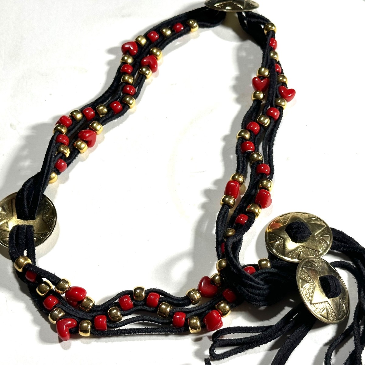 Black Multi Strand Leather Belt Gold Tone Conchos Red Beads  display picture 1