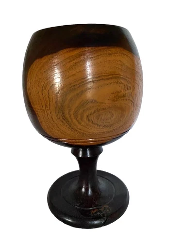 Vintage Hand Carved Wooden Wine Goblet Cup Two Tone