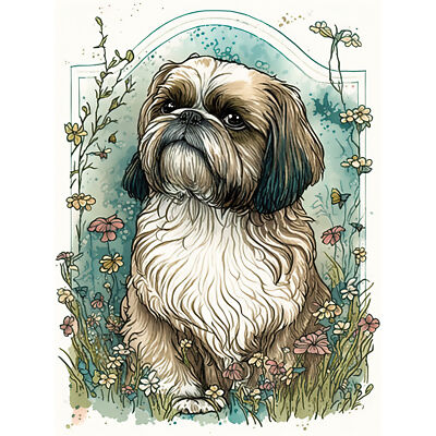 Shih Tzu Hund Wildblumen moderner Jugendstil riesiger Wandkunstdruck Bild 18x24 Zoll