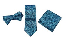 Manzini Neckwear Collection Paisley Blue Formal Tie, Bow-Tie, Pocket Square