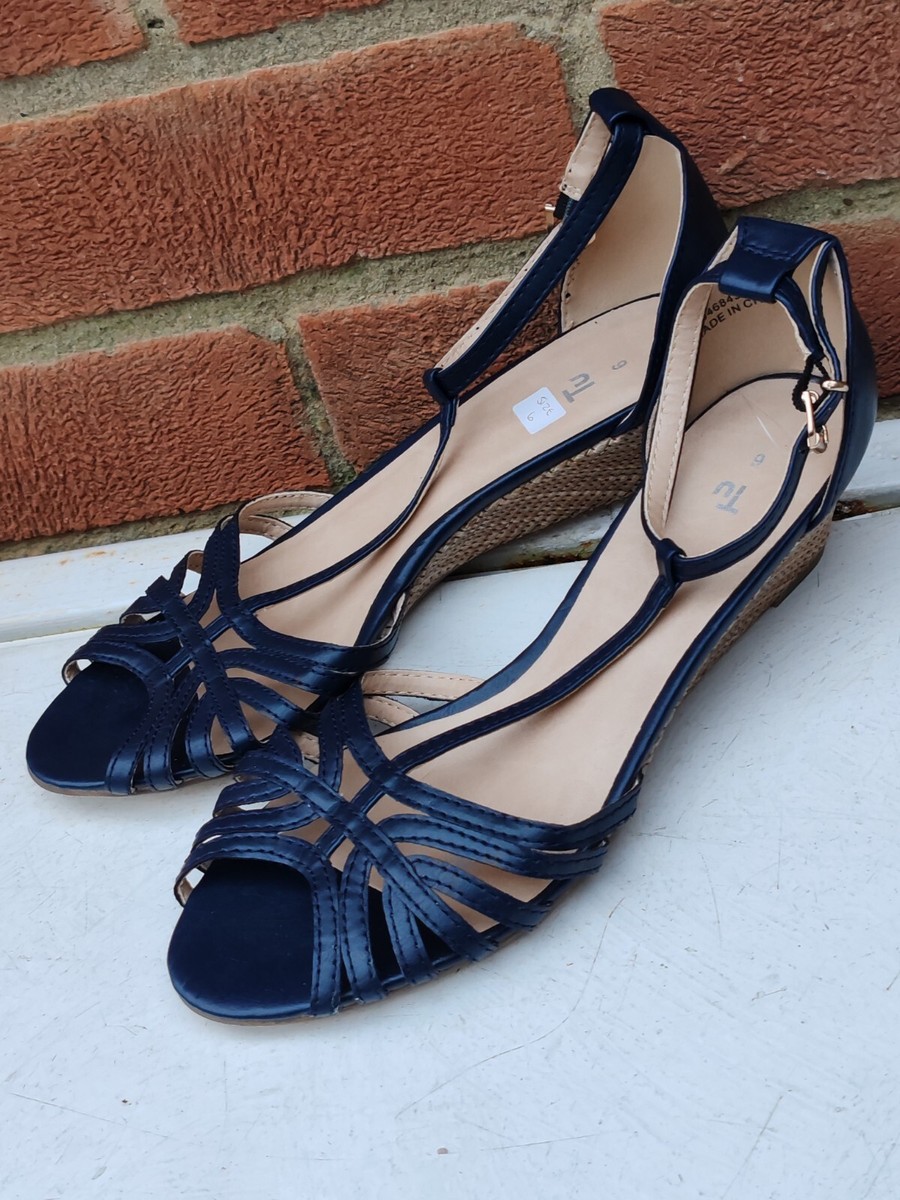 Ladies, New, Navy Patent Peep-toe Wedge Heel Sandals, Brand TU