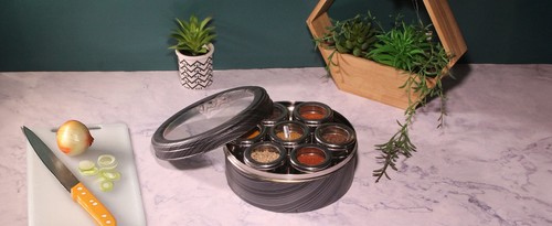 Authentic Indian Spice Tin Box Masala Dabba Spice Jars Stainless Steel Patterned - Picture 27 of 124