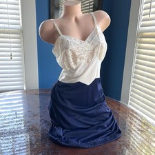 VTG 50s Full Dress Slip VAN RAALTE Two Tone Nylon Navy Ivory Lace Size 34