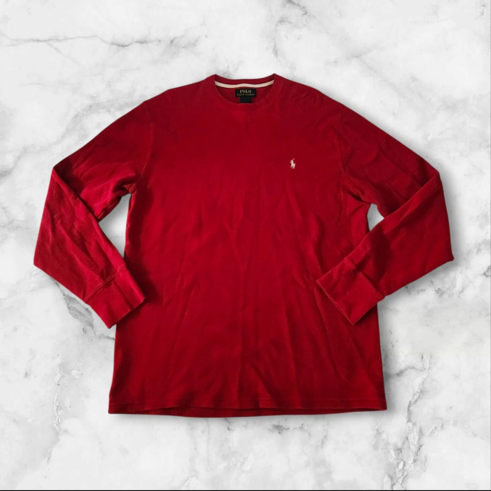 Polo Ralph Lauren Mens L Red Waffle Knit Long Sleeve Shirt Crewneck Classic Fit