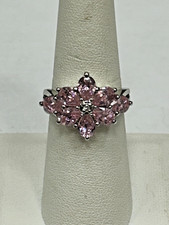 925 Sterling Silver Floral Flower Ring With Pink CZ Gemstones Size 7