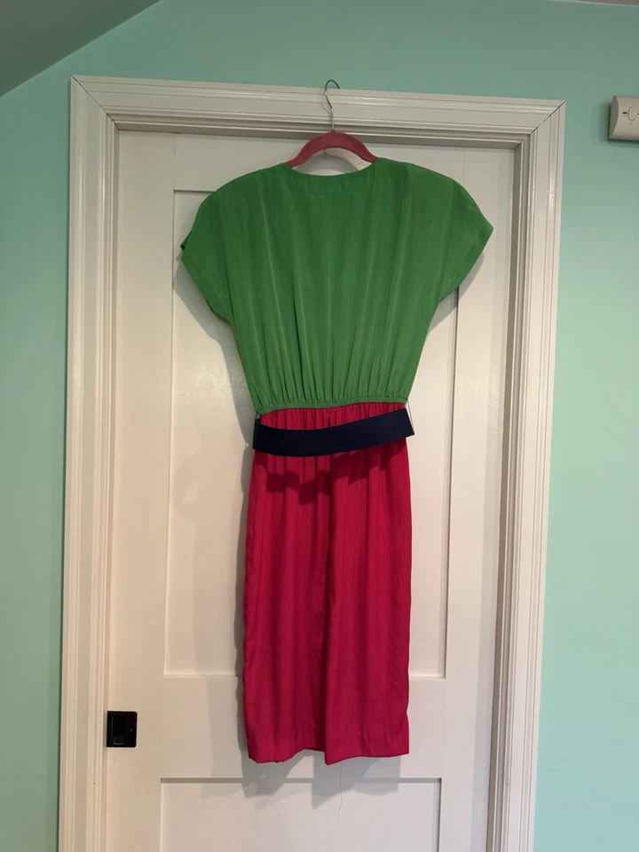 Vestido para mujer Leslie Fay vintage bloques de colores, talla 4, rosa y verde con cinturón Foto 4 de 4