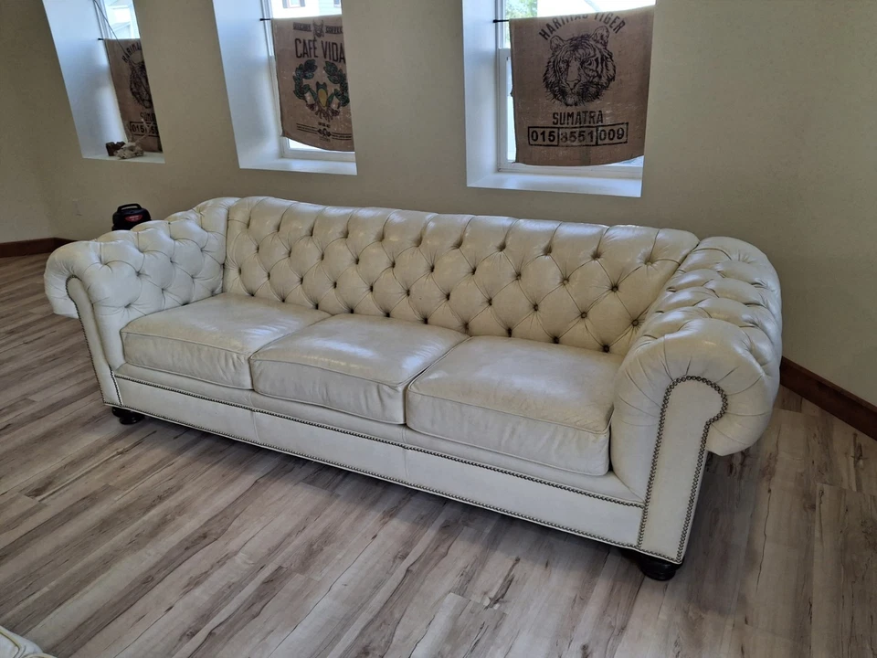 Ethan Allen Custom Leather Cream White Sofa Chesterfield Nailhead Trim - Image 2 of 4