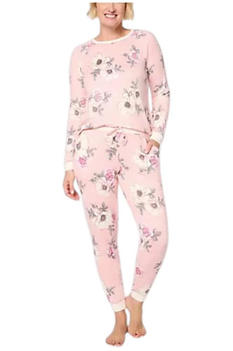 Cuddl Duds Women's Bliss Knit Crew Neck & Jogger PJ Set Pink Floral