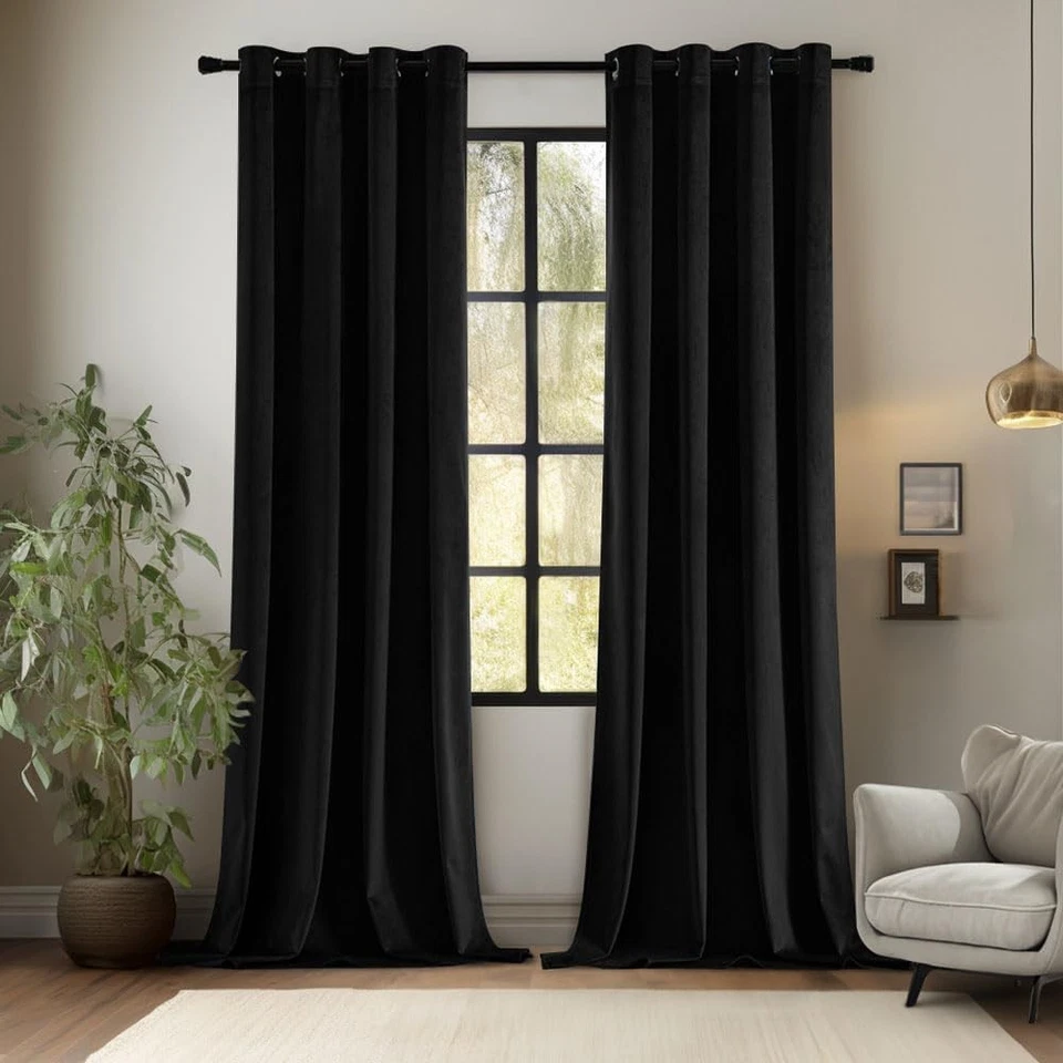 Juego de 2 cortinas de terciopelo negro,, elegantes cortinas opacas para dormitorio, W52 x L84 Foto 2 de 4