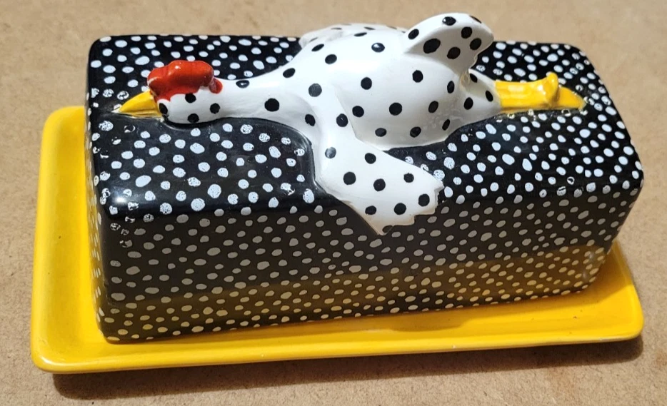 Vintage 1988 Dept 56 Bryan McNutts Polka Dot Chicken Butter Dish Yellow Black