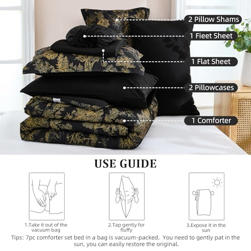 Black Comforter Set Queen, 7 Pieces Black and Gold Botanical Comforters Bed - Picture 7 of 7