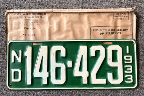 RARE 1933 NORTH DAKOTA LICENSE PLATE ORIGINAL PAINT NOS UNUSED WITH ENVELOPE WOW