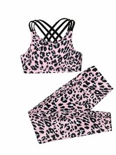 Kids Girls 2 PCS Gymnastics Leotard Dance Sports Outfit Crop Top  Pans Gym Yoga