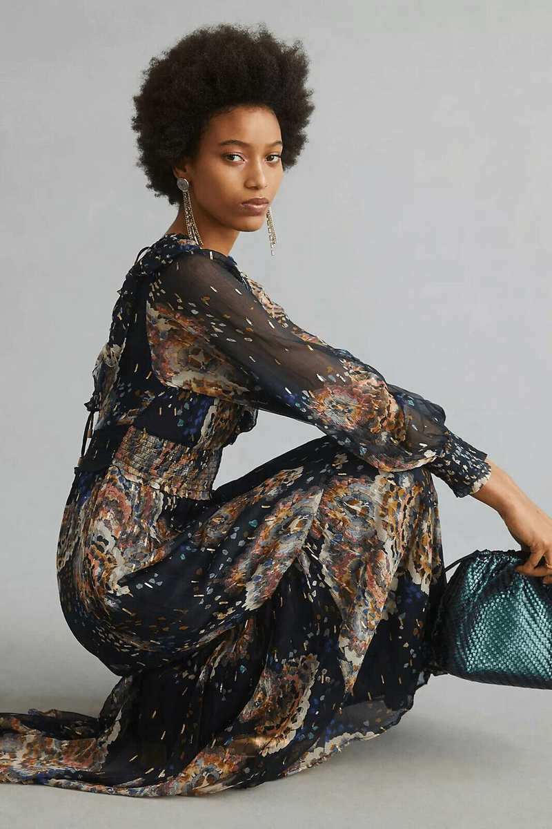 ANTHROPOLOGIE Smocked V-Neck Maxi Dress Black Colorful