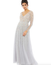 MAC DUGGAL 9131 FLORAL APPLIQUE LONG SLEEVE SURPLICE PLATINUM GOWN 14