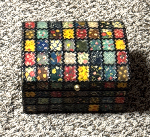 Vintage Wooden lined Trinket Box hand made with multi colored squares coated