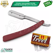 Straight Edge Barber Razor 8.5" Folding Shaving Razor Pink W/11 Blades German Gr