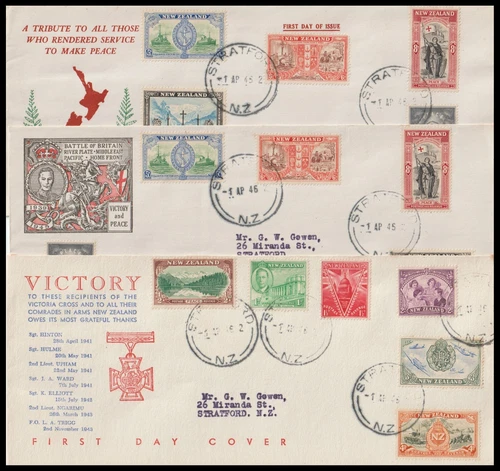 NEW ZEALAND 1946 VICTORY / PEACE FDC TRIO (F)