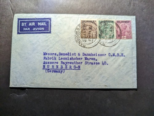 1937 India Burma Overprint Airmail Cover Rangoon GPO to Nurnberg ...