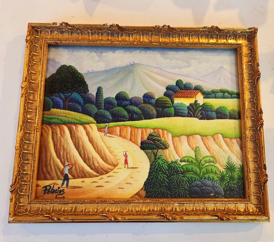 Antique Gold Gilt Victorian Picture Frame & Oil Folk Art Landscape