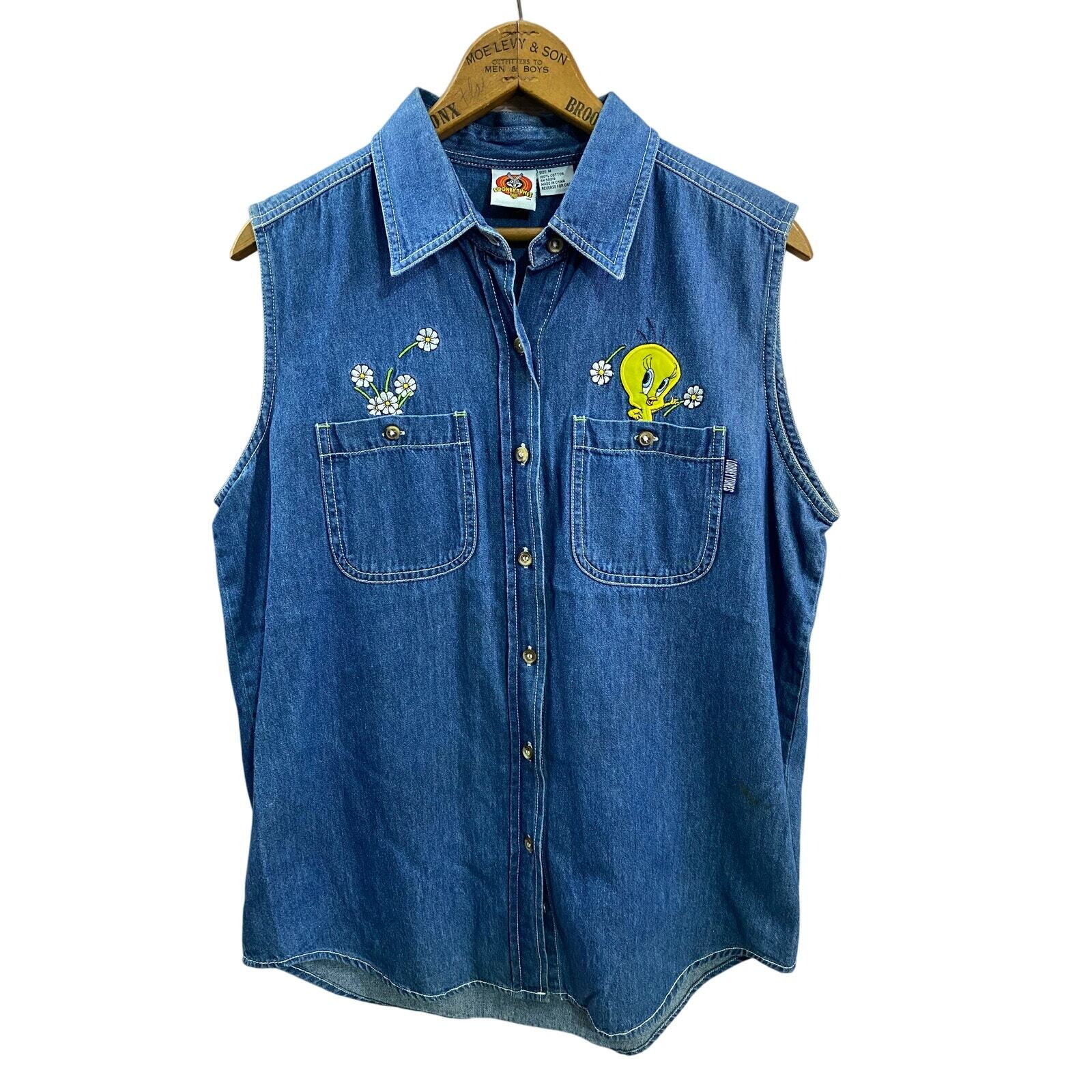Vintage Looney Tunes Denim Medium Shirt Embroidered Tweety Bird Warner Bros