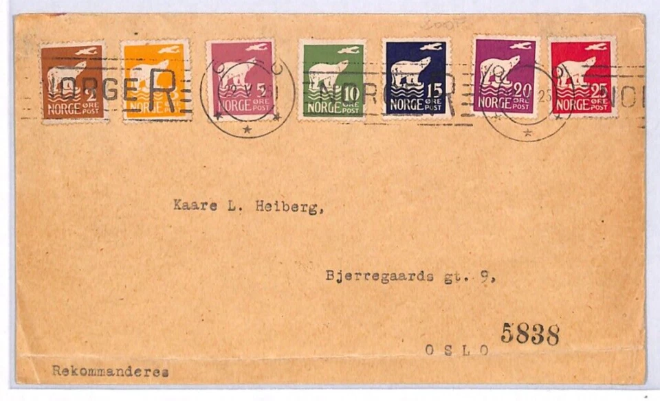 NORWAY Cover 1925 Air POLAR BEAR & AEROPLANE Full Set{7) Oslo Registered YT127 - Image 2 of 4