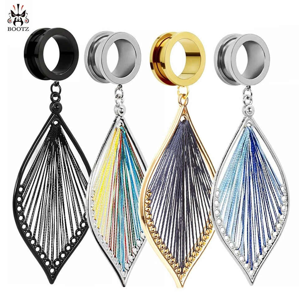 Feather Leaf Web Dangle Charm Earring Ear Plug Tunnel Screw Fit Surgical Steel - Image 3 of 4