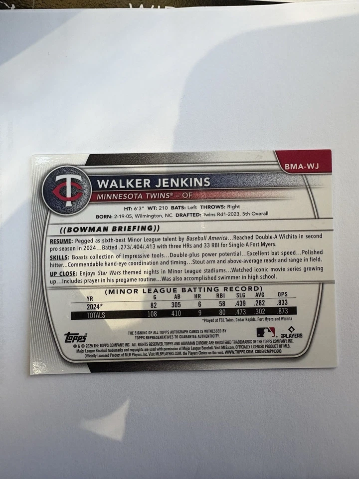 2025 Bowman Chrome Mega Walker Jenkins BMA-WJ Purple Mojo Refractor Auto /199 - Image 2 of 2