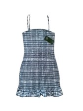 Wild Fable Womens XS Blue Gingham Smocked Bodycon Mini Dress Ruffle NWT.