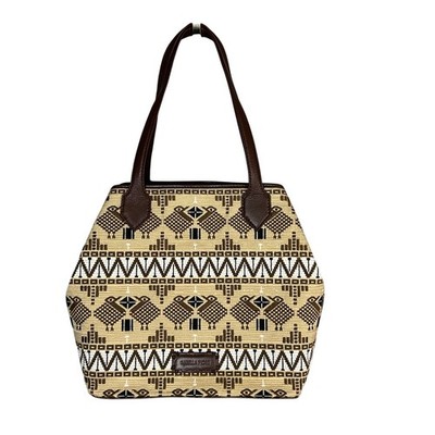 Isabella Fiore Woven Tapestry Leather Tote Bag Brown Tan Rattan Bird BOHO NEW