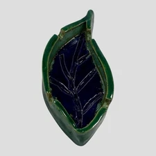 Handmade Ceramic Leaf-Shaped Ashtray – Green & Blue – Etched “J Boyle 2H”