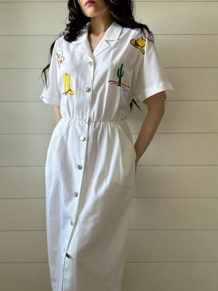 Caran Petite Vintage 1980s Does 50s Western Shirtwaist Dress Novelty Pin Up - Image 3 of 4