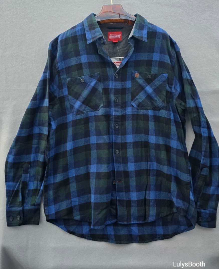 Coleman Flannel Shirt Blue Plaid Cotton Button Up Long Sleeve Outdoor size XL