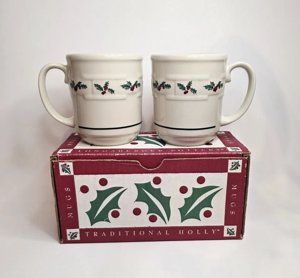 Juego de tazas de cerámica vintage LONGABERGER tejido tradicional acebo Navidad 31402 Foto 3 de 4