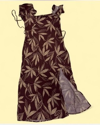   brown maxi dress with leaf pattern and ruffle details. Size L  