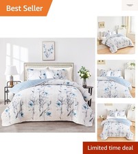 Botanical Quilt Set 3 Pieces Full/Queen Size, Blue Flower Branch on White Rev...