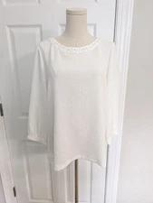 Karl Lagerfeld Paris Womens pearl Embellished Crew Neck White Blouse Sz M